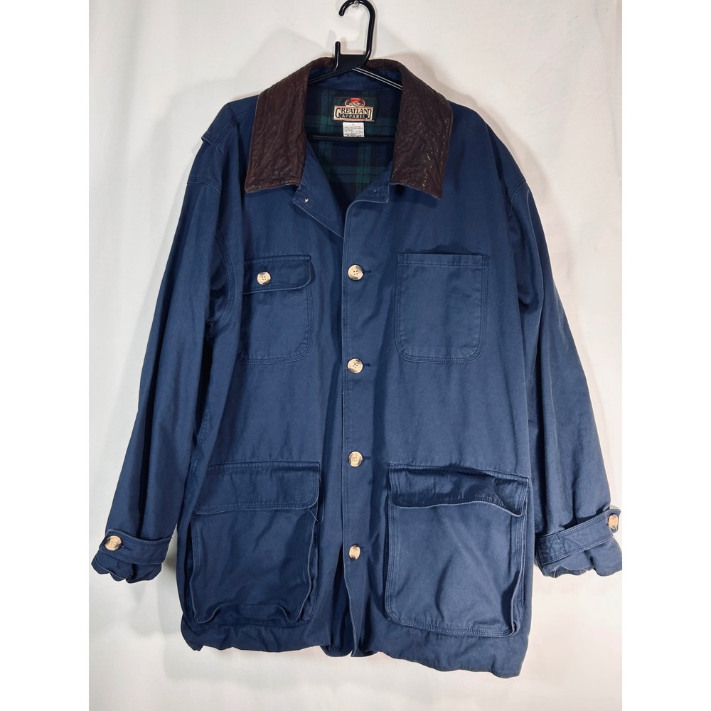 Greatland Apparel Mens Navy Blue Canvas Barn Coat Leather Collar Plaid Lined L